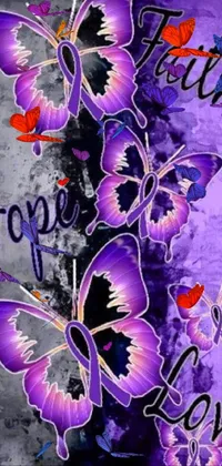 Looking for a new phone wallpaper? Check out this stunning image of purple butterflies with the words "faith hope love" against a mesmerizing background