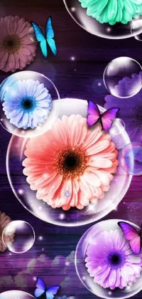 This live wallpaper for your phone features a beautiful digital rendering of a bunch of colorful flowers resting on a wooden table