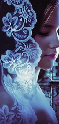 This stunning digital live wallpaper features a close-up of a woman wearing a veil in a chicano airbrush art style