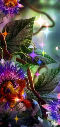 This stunning mobile live wallpaper features a group of colorful flowers, including a captivating passion flower, nestled atop a vibrant green field