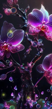 This phone live wallpaper showcases a stunning digital art of purple flowers arranged on a table