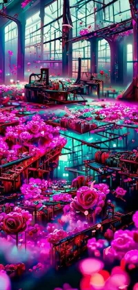 This pink flower live wallpaper showcases a cyberpunk-inspired room with a factory and red neon roses