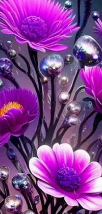 This phone live wallpaper features a stunning display of purple flowers sitting atop a detailed table