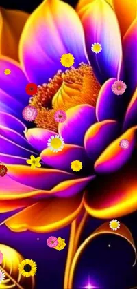 This captivating live wallpaper features a mesmerizing purple and yellow flower on a black background, creating a psychedelic effect that is currently trending on CG society