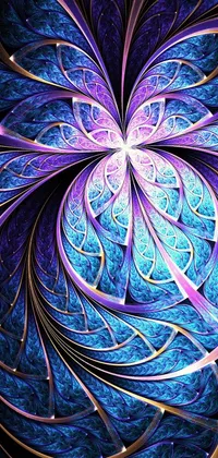This stunning live wallpaper showcases a gorgeous blue and purple flower surrounded by a mesmerizing fractal pattern background and decorated with intricate stained glass wings