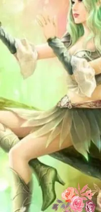 This live wallpaper features a stunning depiction of a green-haired woman sitting on a tree branch, surrounded by fantasy elements and magic