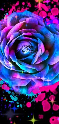 This phone live wallpaper displays a beautiful digital painting of a colorful rose against a black background