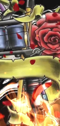 This motorcycle live wallpaper features a stunningly detailed drawing of a motorcycle with a rose on it, against a backdrop of edgy graffiti artwork