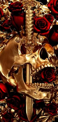The gold skull and sword live wallpaper is a stunning doftware, featuring a detailed digital rendering of an intricately designed skull and sword surrounded by red roses