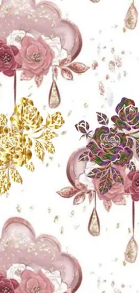 This phone live wallpaper showcases a stunning array of baroque-inspired flowers, drops of dew and golden lace patterns against a white background