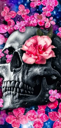 Looking for a striking and trendy live wallpaper for your phone? Check out this gothic-inspired digital art featuring a skull with a rose in its mouth and surrounded by pink flowers