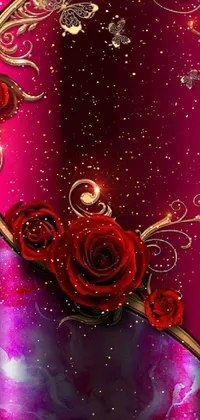This phone live wallpaper features gorgeous red roses set against a stunning purple background with hints of pink and gold