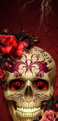 This striking phone live wallpaper features a close-up of a skull decorated with vibrant red roses, creating a stunning piece of digital art