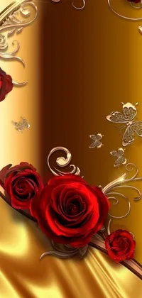 This beautiful phone wallpaper showcases a stunning digital art design of red roses on a gold background, with delicate butterflies adding an extra touch of elegance