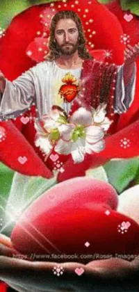 This phone live wallpaper boasts a stunning painting of a religious figure holding a heart surrounded by other hearts and a colorful red rose