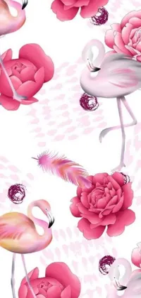 Get this amazing live wallpaper for your phone featuring a stunning flamingo and rose pattern on a white background