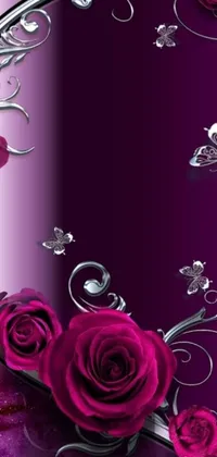 Enhance your phone's screen with this enchanting live wallpaper! Presented in stunning HD resolution of 1024x1024, it features a mesmerizing purple background designed with beautiful roses and delicate butterflies in rich deep pink hues