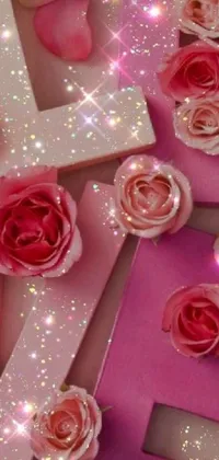 This phone live wallpaper features a beautiful close-up view of flowers and letters on a table, set against a soft rose-colored background with a subtle 3D effect