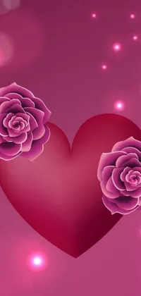 This beautiful phone live wallpaper showcases a heart and two radiant roses atop a pink backdrop