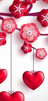 This live wallpaper features a stunning vector art design with a bunch of red hearts hanging from a beautiful tree