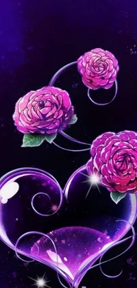 This phone live wallpaper features two roses and a heart on a solid purple background, all created using stunning digital art