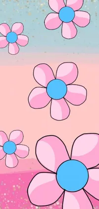 This live phone wallpaper features pink and blue flowers floating in the air