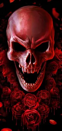 This phone live wallpaper features a visually stunning image of a skull and roses depicted in digital art, set against a solid black backdrop