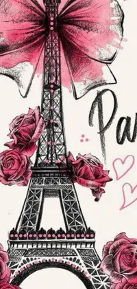 Shop for the trendiest phone live wallpaper with a stunning drawing of the Eiffel Tower, artistically decorated with roses, ribbons, and in a color scheme of pink and black