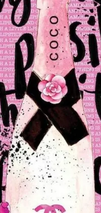 This phone live wallpaper showcases a dynamic and colorful painting of a champagne bottle on a pink background, with black details and a close-up perspective that draws the viewer in