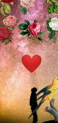 Looking for a romantic and mystical live wallpaper to add to your phone's aesthetic? Look no further than this stunning design! Featuring a heart surrounded by a variety of colorful flowers and mystical birds, this wallpaper is the perfect blend of whimsy and romance