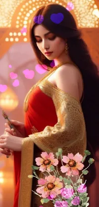 This phone live wallpaper showcases a digital painting of a lady wearing an opulent red and gold dress