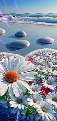 This live phone wallpaper depicts a bunch of floating flowers on a serene body of water