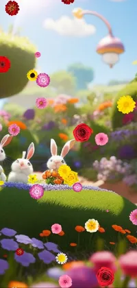 This phone live wallpaper features a group of rabbits lounging on a lush, green field in the sunshine