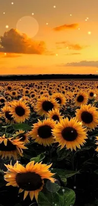 This stunning live wallpaper for your phone showcases a picturesque field of sunflowers against a breathtaking sunset backdrop
