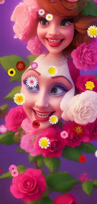 This phone live wallpaper features a stunning 3D image of a woman wearing flowers on her head as a queen of fairies
