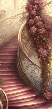 This live wallpaper features a stunning digital painting of a whimsical staircase adorned with beautiful roses