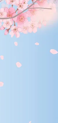 This phone live wallpaper features an illustration of a tree with pink flowers blowing in the wind, inspired by the Japanese art style sōsaku hanga