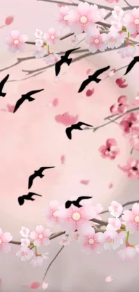This phone live wallpaper features a flock of birds soaring through a bright blue sky, surrounded by beautiful pink flowers