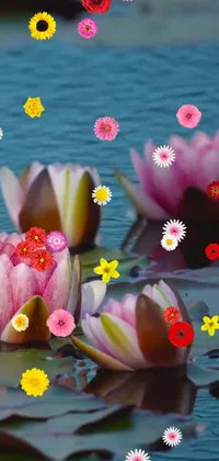 Get mesmerized by this live wallpaper featuring a group of colorful flowers floating atop a serene body of water set against a backdrop of a picturesque natural landscape