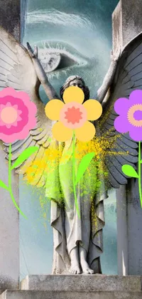 This stunning live phone wallpaper showcases a vibrant colorized photo of an angel statue holding a beautiful bouquet of flowers