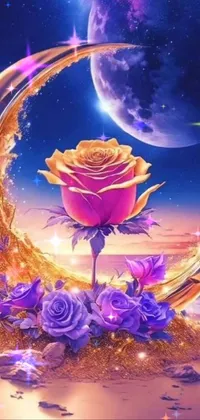 This stunning live wallpaper for phones features a captivating purple rose sitting on a golden crescent against a beautiful backdrop of pink and orange hues with cool blues and purples