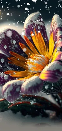 This phone live wallpaper showcases a beautiful flower covered in snow