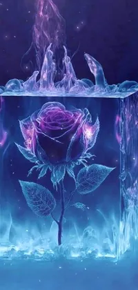 This phone live wallpaper showcases a stunning close-up of a clear piece of ice with an enchanting floral inside