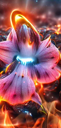 This phone live wallpaper showcases a breathtaking digital art rendering of a flower set against a stunning backdrop of fire