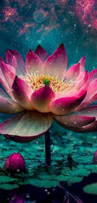 Adorn your phone’s screen with a breathtaking live wallpaper showcasing a striking pink flower sitting atop a rippling body of water, topped off with a mesmerizing kaleidoscope effect