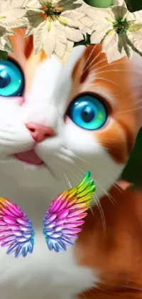 This mobile wallpaper features a 3D close-up illustration of a cat wearing a colorful flower crown