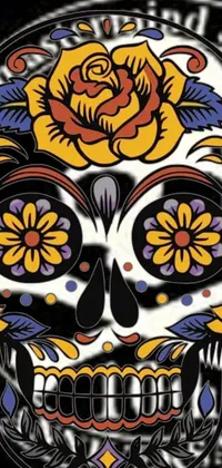 This vibrant phone live wallpaper showcases a colorful skull covered in beautiful flowers