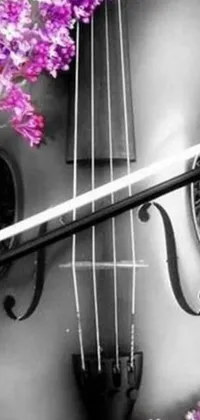 This phone live wallpaper showcases a black and white photograph of a violin and flowers, creating an elegant and sophisticated design