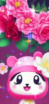 This live phone wallpaper features a cartoon panda bear holding a bunch of colorful flowers in a whimsical and playful digital painting