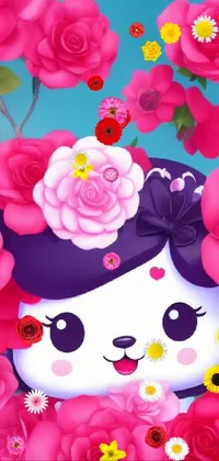 This mobile live wallpaper features a charming panda surrounded by delicate pink roses
